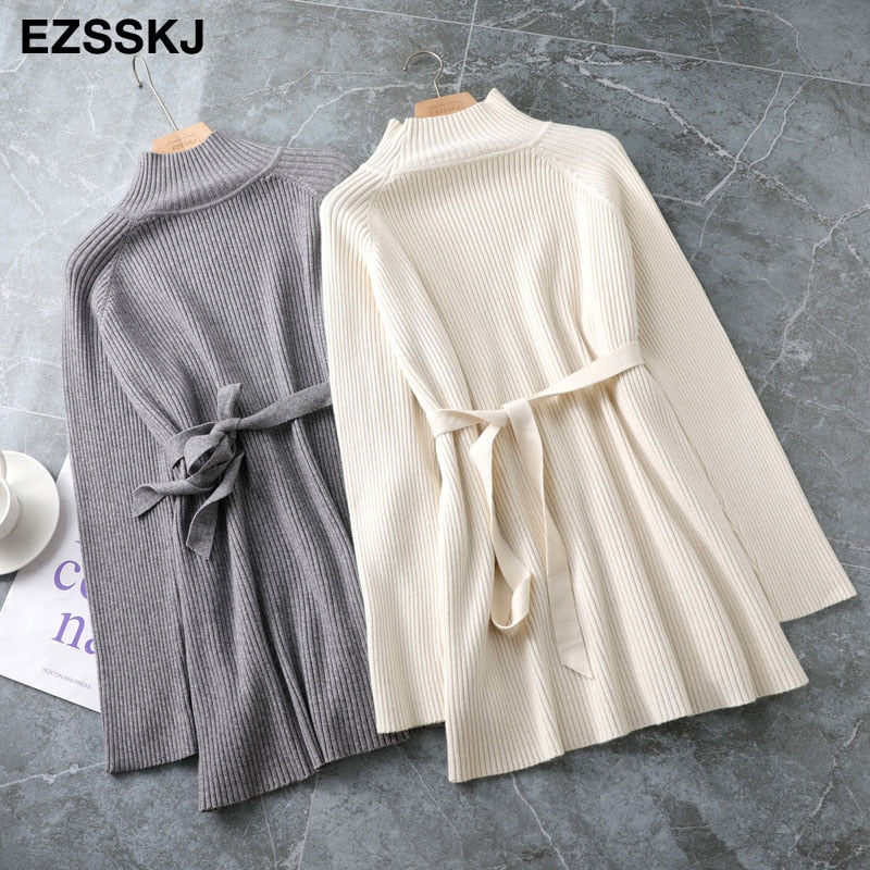 Christmas Gift thick warm chic oversize Sweater Pullover Women  winter autumn Female 2021 sweater loose long sleeve casual sweater with sash
