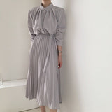 Kukombo Christmas Gift New 2022 Women's Spring Summer Shirt Dresses High Waist Korean Oversized Elegant Lace Up Pleated Long Dress DR06660