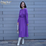 Kukombo Winter O-Neck Purple Elegant Dresses For Women Casual Long Sleeve Office Midi Dress Vintage High Waist Female Dress 2022