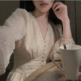 Women Summer Elegant Vintage Dresses Sequin Puff Sleeve V Neck Beach Maxi Dress High Waist A-Line Vestido