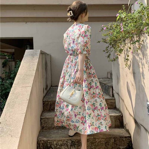 Kukombo Elagant Sweet Dress Women Gentle Temperament Casual Korean Floral Print Maxi Dress Female Puff Sleeve Beach Dress Summer