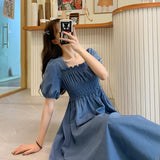 Kukombo Short Sleeve Dress Women Summer Solid Pleated Square Collar Mid-Calf Elegant Korean Simple Leisure Loose Preppy Womens A-Line BF