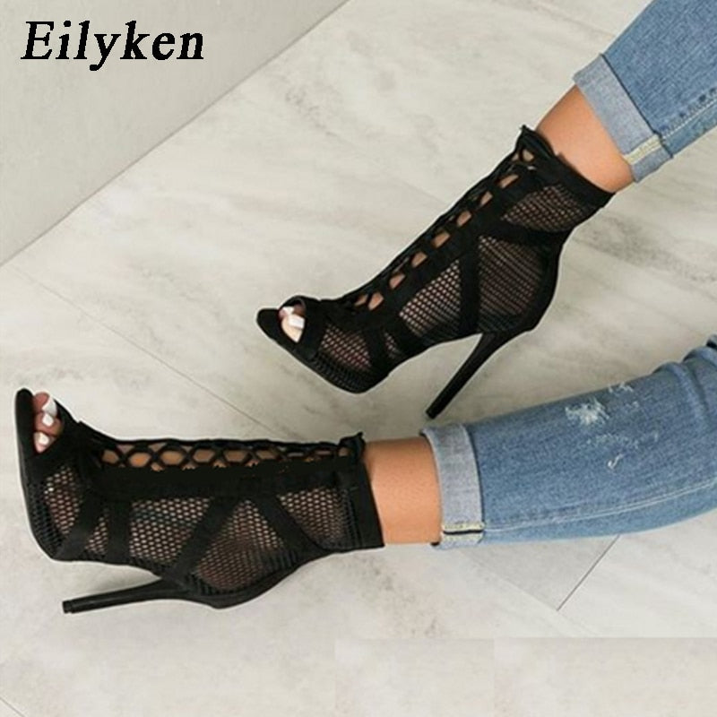 Christmas Gift Eilyken 2022 Fashion Black Summer Sandals Lace Up Cross-tied Peep Toe High Heel Ankle Strap Net Surface Hollow Out Sandals
