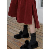 Plus Size Autumn Winter Corduroy Skirt Women Vintage Wine red Midi Long Skirts Female Elastic High Waist A-line Pleated Skirt