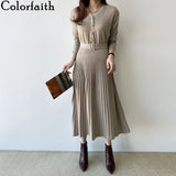 Kukombo New 2022 Spring Women Dress Long Casual Korean Style Single Breasted Pleated V-neck Lace Up knitted Dress DR7248