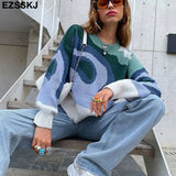 Christmas Gift EZSSKJ Color Block Drop Shoulder Sweater Croped Sweater pullovers Women 2021 loose Sweater Pullover female Long Sleeve