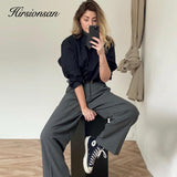 Hirsionsan High Waisted Loose Straight Trousers Women 2021 New Office Lady Cusual Wide Leg Pants Vintage Zipper-Up Female Pants