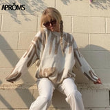 Kukombo Aproms Korean Fashion Khaki Stripes Print Loose Sweaters Women Winter Hip-Pop Oversized Long Pullovers Streetwear Outerwear 2022 K23