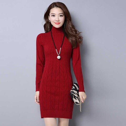 Kukombo Autumn Winter Solid Knitted Cotton Sweater Dresses New Women F