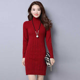 Kukombo Autumn Winter Solid Knitted Cotton Sweater Dresses New Women Fashion Turtleneck Pullover Female Knitted Dress Vestidos