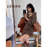 Kukombo Leopard Dresses Women Mini Long Sleeve Slim Dating Ladies Square Collar Autumn French Chic Fashion Student Clothing Vestido Club
