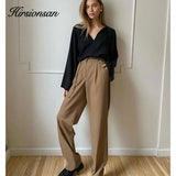 Hirsionsan High Waisted Loose Straight Trousers Women 2021 New Office Lady Cusual Wide Leg Pants Vintage Zipper-Up Female Pants