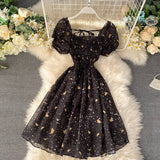Vintage Dress Corset For Women Elegant Square Neck Short Sleeves Hepburn Style Black Robe Cocktail Dresses Summer Clothing