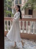 Kukombo Elegant Ladies White Dresses For Woman 2022 Vintage Lantern Sleeve V-Neck Folds Party Night Dress Spring Y2K Women's Clothing K146
