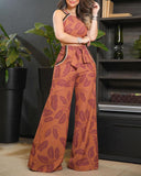 Kukombo Leaf Print Sleeveless Top & Pants Set 2022 Summer Women Two Piece Set