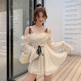 Kukombo  2022 New Women Vintage Polka Dot Drawstring Draped Bodycon Mini Dress Romantic Lady Puff dress V Neck Party Sexy Dress