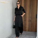 Kukombo Fashion Black Wide Trouser Suits Casual Blouse Office Two Piece Set Women Elegant Satin High Wasit Pants Sets Female