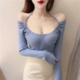 Kukombo Sweet Girl Korean Gentle Fairy Niche Design Slim Elegant Chic Woman Sexy Bandage Multiple Ways To Wear Long Sleeve T-Shirt Top