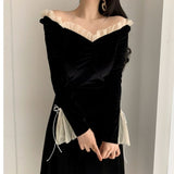 Kukombo Antumn Winter Evening Party Midi Dresses Women Black Korean Fashion Elegant Vintage Dress Ruffle Long Sleeve One-piece Dress New K103