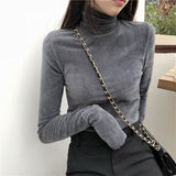 Kukombo Women's Soft Fleece Turtleneck Shirt Solid Long Sleeve Velvet T-Shirt Autumn Fitness Vintage Girls Bottom Tops Women Clothing