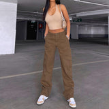 Kukombo Vintage Khaki Wide Leg Cargo Jeans High Waist Big Pockets Baggy Denim Trousers Casual Oversized Pants Street Sweatpants