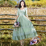 Kukombo Women Elegant Holiday Party Dress Spring Green Retro Evening Dresses Lady Sexy Square Neck Lace Embroidered Vestidos High Qualit