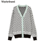 Christmas Gift Yiyiyouni Oversized Knitted Printed Cardigans Women Autumn Winter Cashmere V-Neck Loose Sweater Female Casual Knitwear Tops 2021