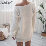 Nadafair Lantern Sleeve Casual Sweater Dress Women Sexy Off The Shoulder Mini Solid  Knitted Dress Winter Long Sleeve White