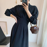 Kukombo Vintage Long Sleeve Elegant Autumn Bodycon Dress Women Women's Spring Slimming Pleated Stand Collar Midi Dress Dresses Female