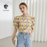 Christmas Gift FANSILANEN Office Lady 100% Cotton French Retro Print Round Neck Shirt Female Summer Bubble Short-sleeved Light Yellow Blouse