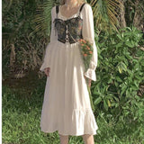 Kukombo Korean Princess Vintage Dress Women Autumn 2022 Patchwork Elegant Midi Dress Female Long Sleeve Party High Waist Casual Dress