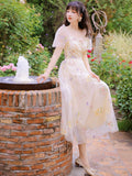 Kukombo Victorian Fairy Mesh Dress High-End Bowknot Flower Embroidery Gentle Romantic Family Party Dress Princess Dress Vestidos Fiesta