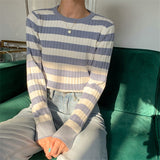 Kukombo New 2022 Spring Autumn Women's Sweaters Pullover Slim Bottoming Knitted Striped Vintage Korean Lady Wild Tops SW6690