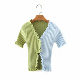 Kukombo Christmas Gift Summer Women Harajuku Knitted Short Ruffles Sleeve Shirt Crop Top Street Wear Femme Knit Skinny Tee Shirt Women