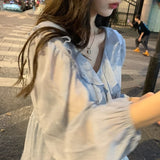 Kukombo 2022 Autumn Sweet Elegant Chiffon Blouse Women Blue Casual Korean Fashion Blouse Female Ruffle High Street Designer Clothing New K126