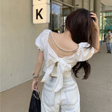 Kukombo Fashion New Pearl Chain Shirt Women Summer French Bow Backless White Blouse Sweet Puff Sleeve Crop Top Female