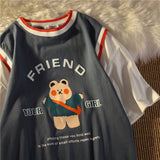 Christmas Gift New Lovely Little Bear Printing T-shirt Loose Stitching Fake Two-piece Top Oversized Crewneck Couple Clothes Goth Clothes Summer