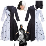 Halloween Kukombo 2022 New Movie Evil Madame Cruella De Vil Costume Women Cosplay Gown Black White Maid Dress Halloween Party Fancy Dress Wig
