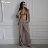 Kukombo Casual Loose Satin Pants Set Women Fashion Long Sleeve Blouses Shirt Two Piece Set Elegant High Waist Trousers Suit