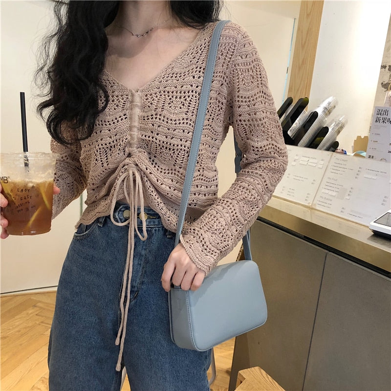 Kukombo  Women Blouse Korean Style 2023 Spring Summer New Loose V-Neck Hollow Out Drawstring Pleated Short Candy-Colored Tops
