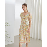 Christmas Gift FANSILANEN Office Lady French Floral A-line Dress Summer 2021 New Style Square Neck Blue Yellow Long Skirt Women Sweet Style