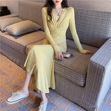 Christmas Gift Solid Sexy Midi Dress Women Office Lady V-neck Design Elegant Dress Casual Evening Party One Piece Dress Korean 2021 Autumn