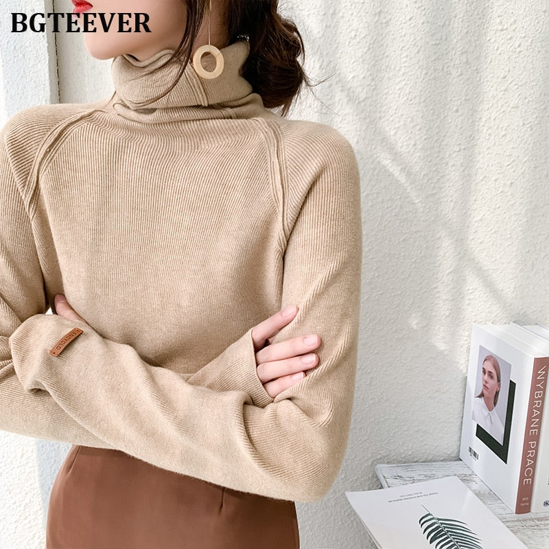 Christmas Gift BGTEEVER Autumn Winter Turtleneck Women Sweater Elegant Slim Female Knitted Pullovers Casual Stretched Sweater jumpers femme