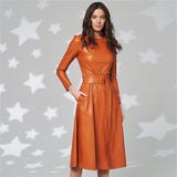 Christmas Gift Fashion Belt Faux Leather Dresses Women Long Sleeve Slim Fit PU Dress Sexy Club Wear New Arrival 2021 Autumn Winter