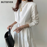 Christmas Gift BGTEEVER Stand Collar Long Sleeve Women Tiered Dresses Summer Spring Lace-up A-line Solid Vestidos Femme Casual Midi Dresses