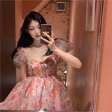 Kukombo  Floral Sweet Princess Dress Women Vintage Puff Sleeve Sexy V-Neck Mini Dress Female Evening Party Korean Fairy Dresses 2022 Y2k