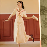 Kukombo Japanese Soft Girl College Style Maxi Dress Summer Sweet Bowknot Navy Collar Single-Breasted French Retro Dress K154