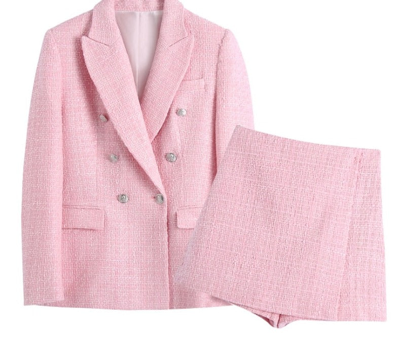 Kukombo Chic Women Pink Tweed Suit Blazer Sets Double Breasted Blazer With High Waist Shorts Office Ladies Outfits Set