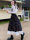 Kukombo Corduroy Suspender Skirts Women 2021 Spring Summer Japanese Style Lolita Floral Skirt High Waist Crochet Lace Long Skirt rok