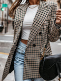 Kukombo Office Ladies Notched Collar Plaid Women Blazer Double Breasted Autumn Jacket Casual Pockets Female Suits Coat